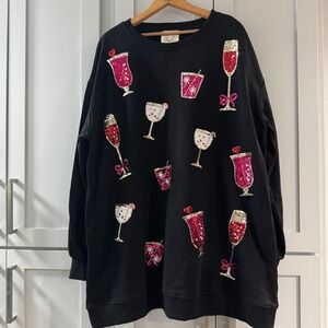 NWT Fantastic Fawn Drinks Sequin Pullover Sweatshirt Dress Black Large Fun Party